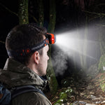 A man from behind wearing an orange and black headlamp with a bright white beam illuminating a dark forest path.