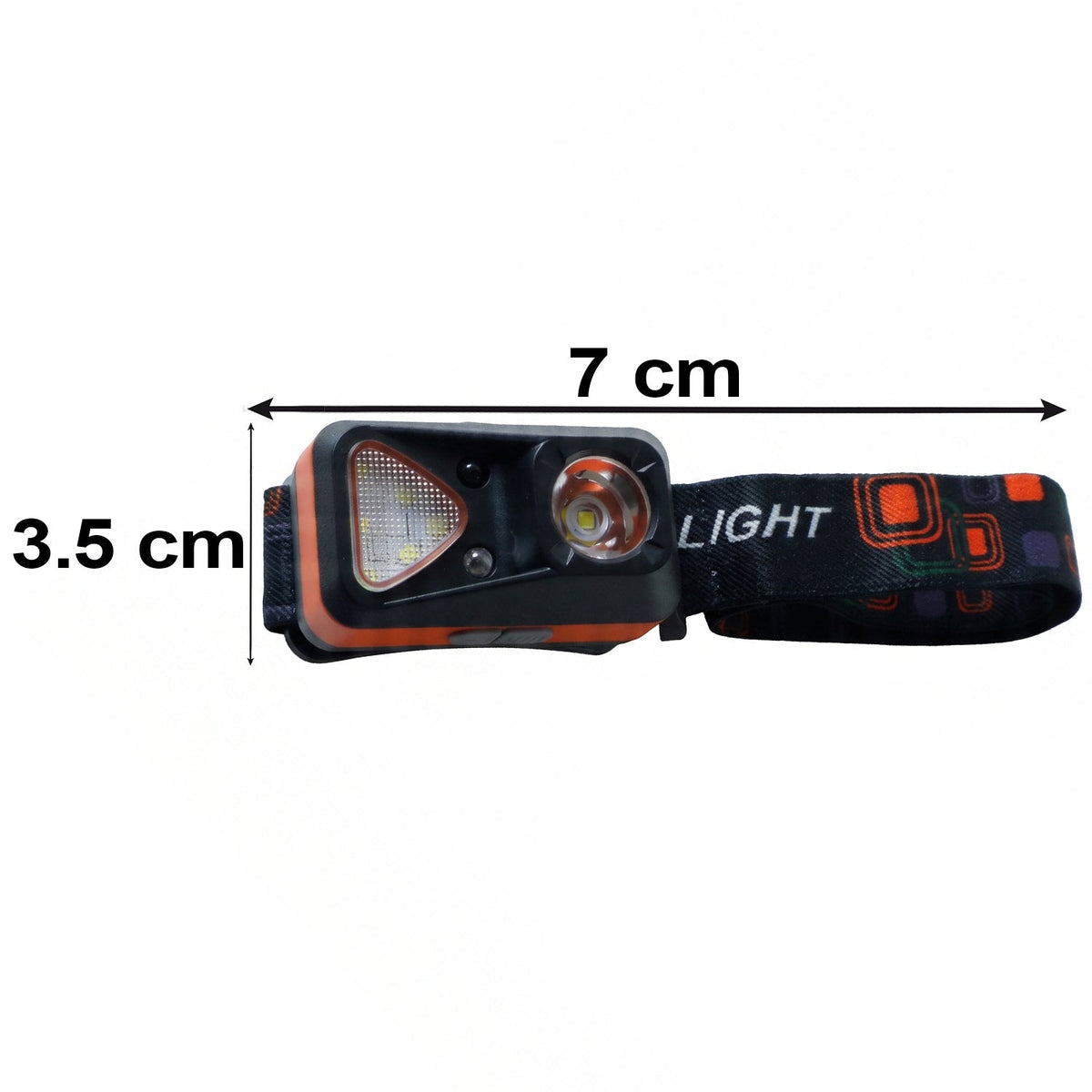 The orange and black headlamp with its strap and dimensions of 7 cm length and 3.5 cm height indicated.