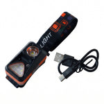 The orange and black headlamp with its patterned strap and a coiled USB-C charging cable on a white background.