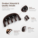A dark brown resin scalp massager is displayed with callouts highlighting its smooth polished finish, rounded comfort tips,