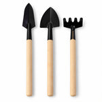 Three small gardening tools, including two trowels and a rake, stand upright on a plain white background.