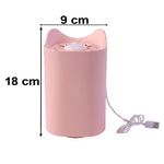A pink cat-eared mosquito lamp with a USB cable has dimensions of 18 cm height and 9 cm width.