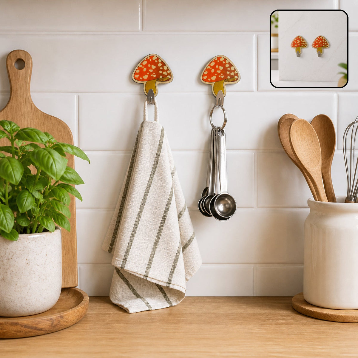 Two mushroom-shaped adhesive hooks hold a striped towel and measuring spoons on a white tiled kitchen wall.