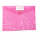 A closed pink plastic document folder with a button closure and a white label, on a white background.