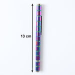 A rainbow-colored magnetic fidget pen with a silver clip is centered vertically on a white background, showing a 13 cm