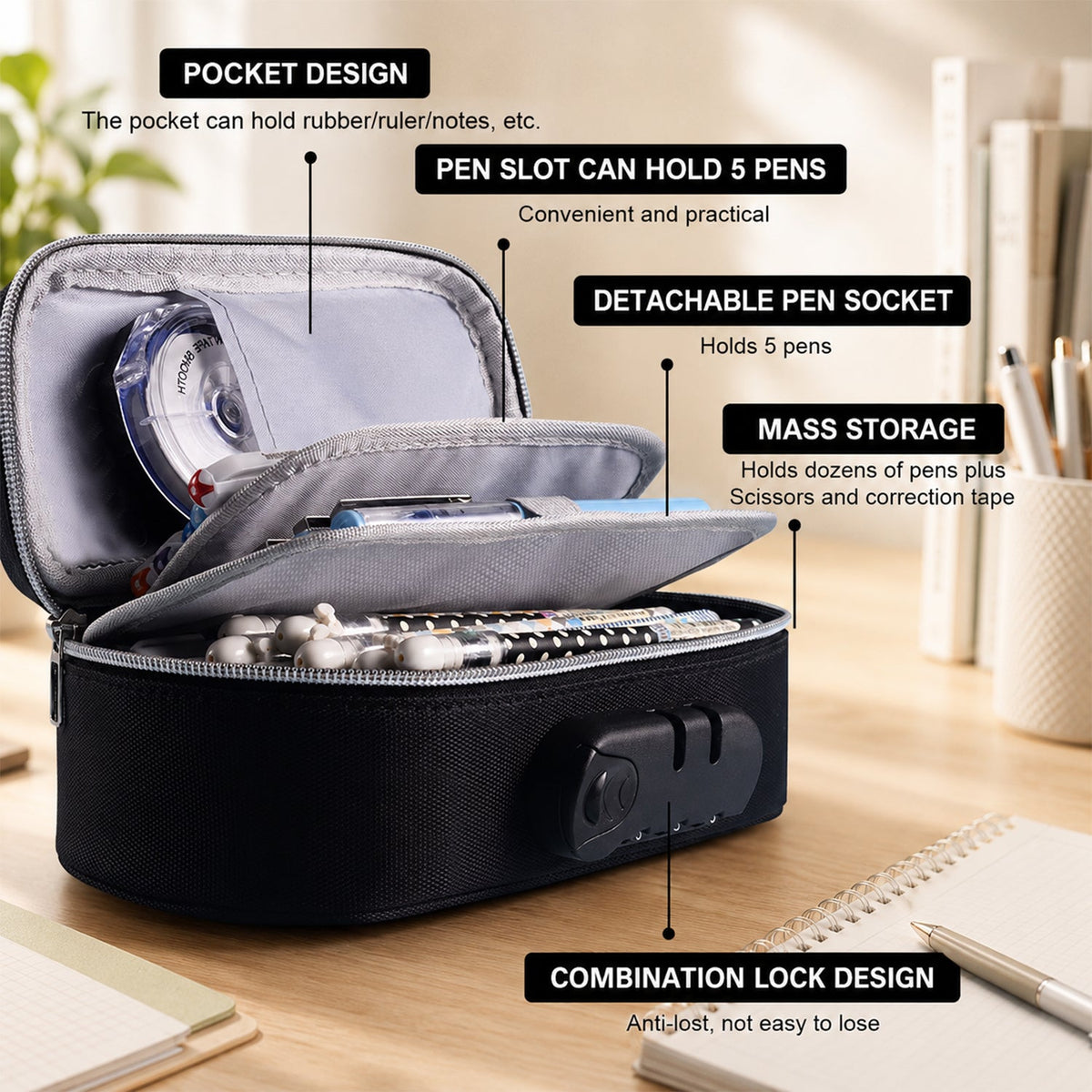 4 Layer Zipper Stationery Pouch Pencil Case with Combination Lock for Students