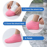 A three-step guide shows how to put on the pink silicone shoe covers: covering the toe, then the heel, then the finished