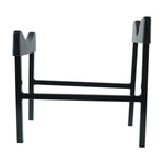 A black metal water bottle stand with two U-shaped supports and a horizontal brace is shown against a white background.