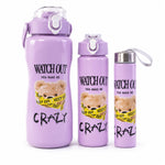 Three purple water bottles with a teddy bear design, in varying sizes, standing upright against a white background.
