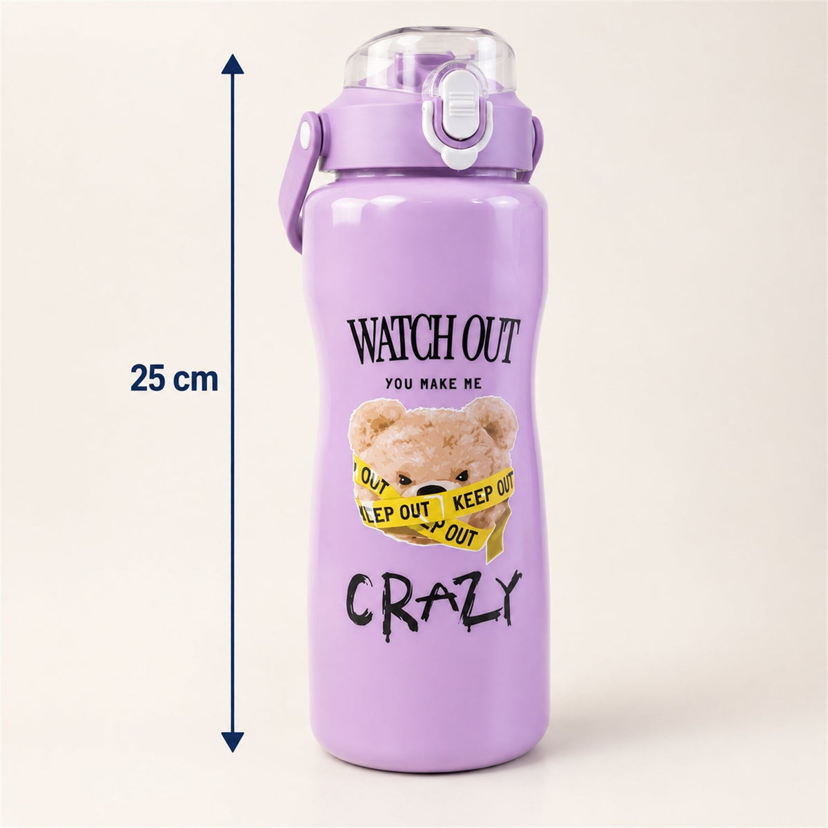 A single large purple water bottle with a teddy bear design, showing a measurement of 25 cm in height.