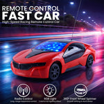 A red remote control car with blue and red lights on its roof and headlights, shown against a blurred background of city