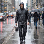 Foldable EVA rain suit with hood provides reliable protection on rainy days.