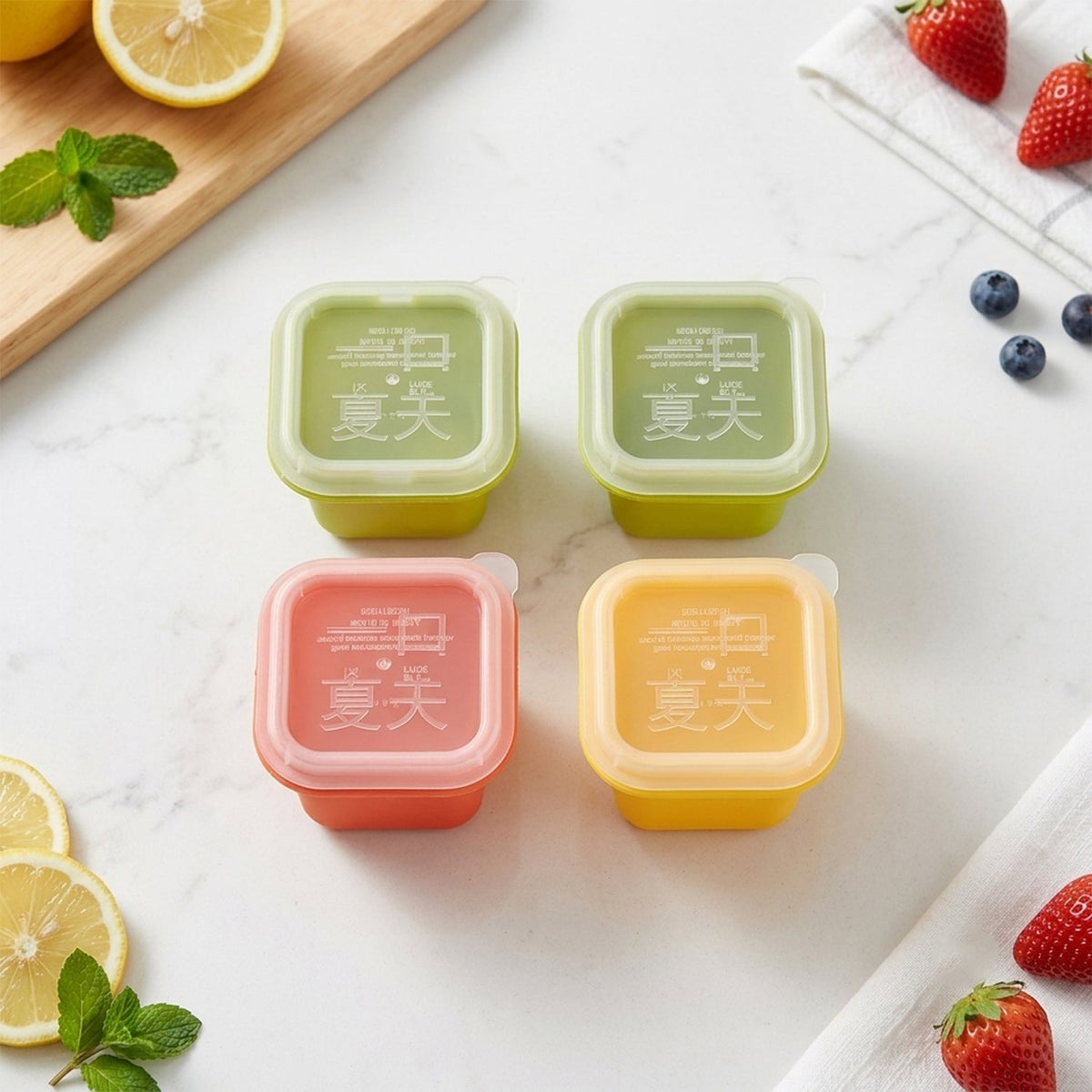 Four square silicone molds in green, pink, and yellow with clear lids, arranged on a white marble surface with lemons,