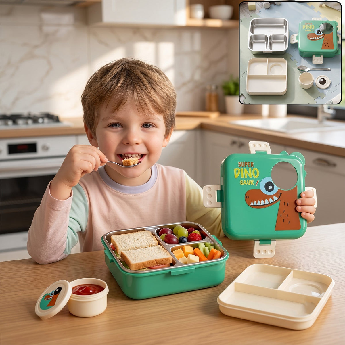 A young child happily eats a meal from a green dinosaur-themed lunchbox with a stainless steel tray, spoon, and sauce cup on