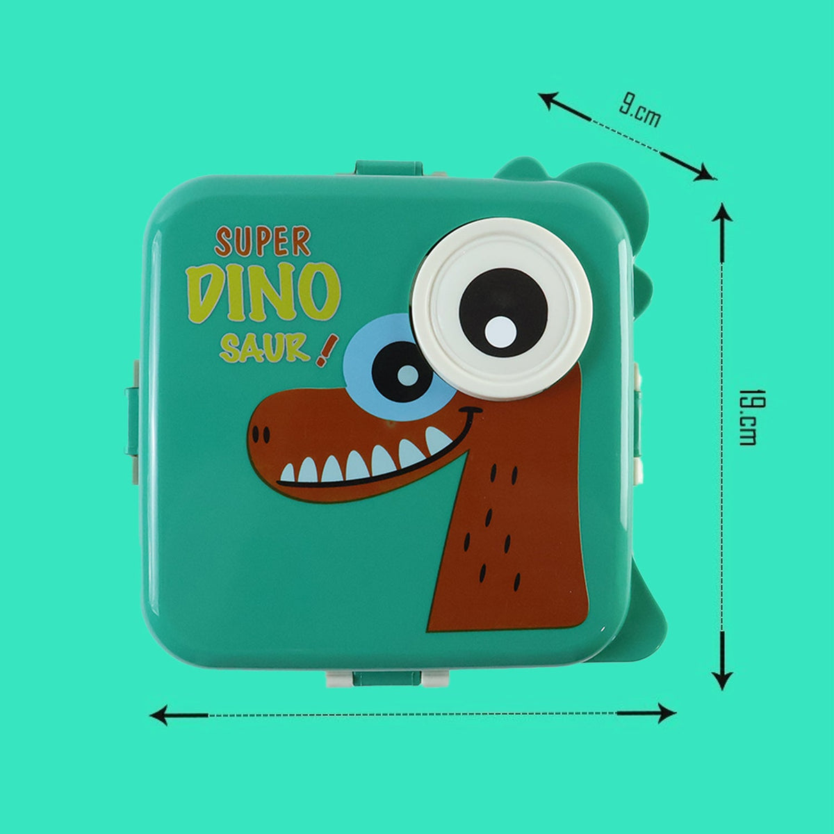 A green dinosaur lunchbox with white measurement arrows indicating its dimensions of 19cm by 9cm on a teal background.