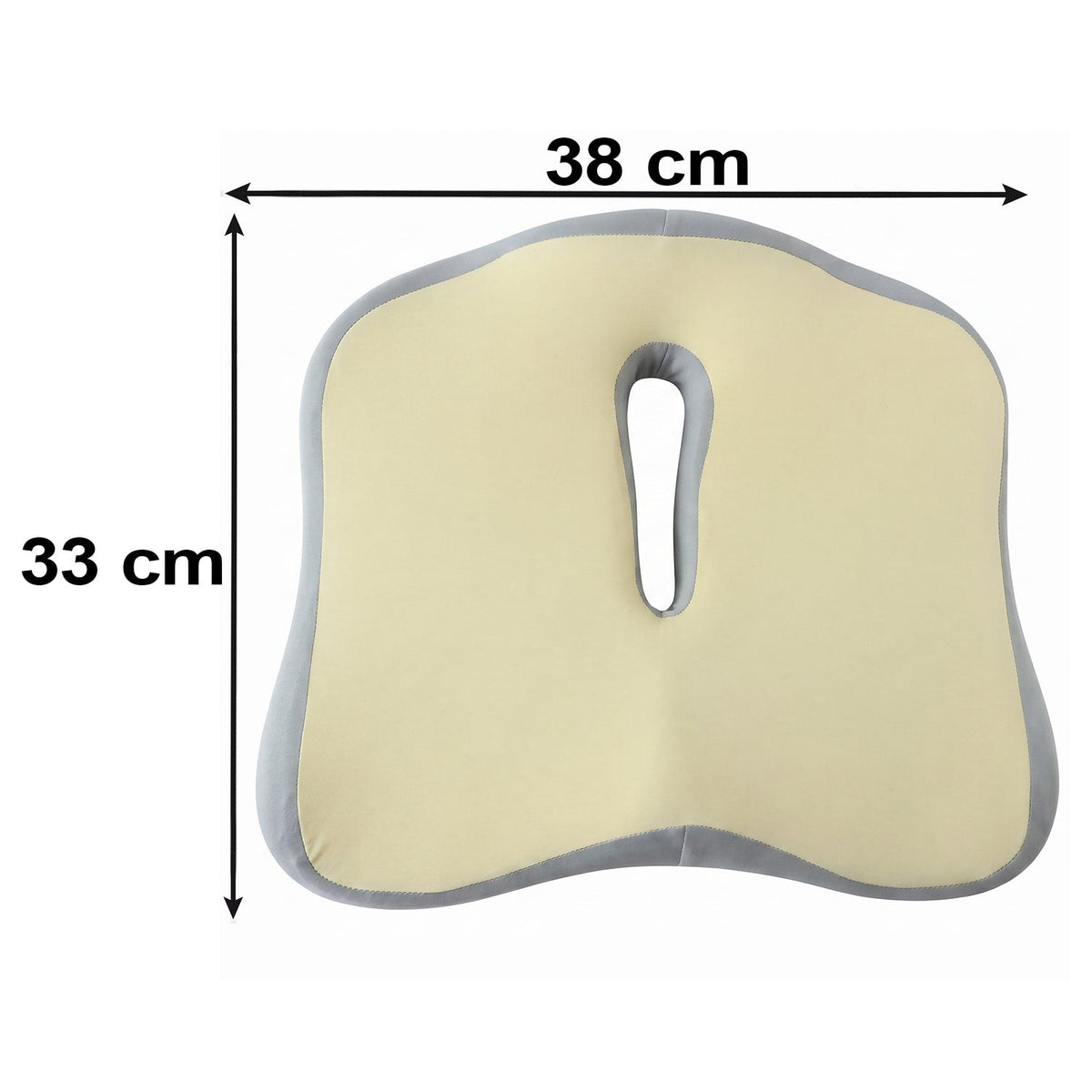 Top-down view of a beige and grey ergonomic seat cushion with dimensions of 38 cm by 33 cm.