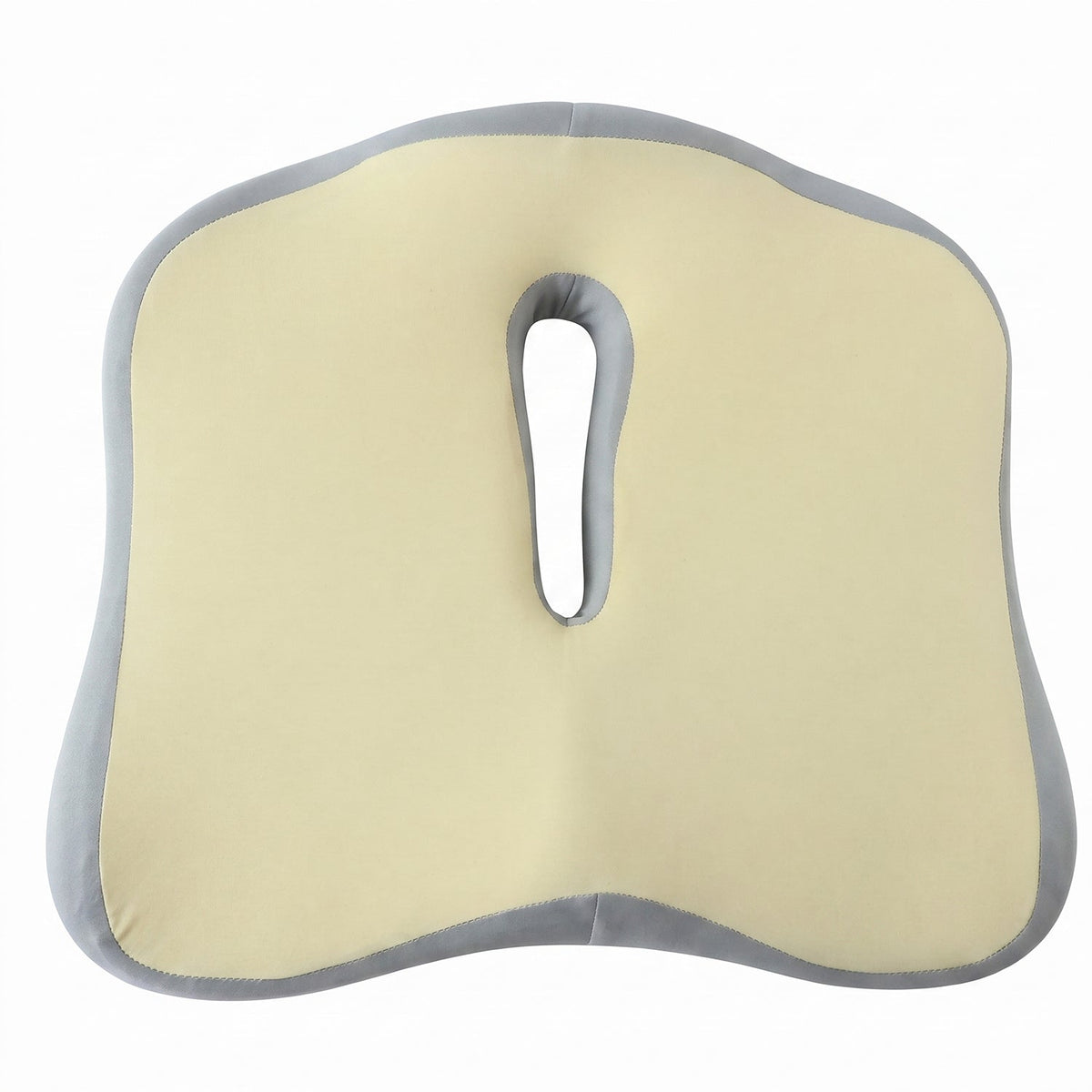 Top-down view of a beige and grey ergonomic seat cushion with a central cutout.