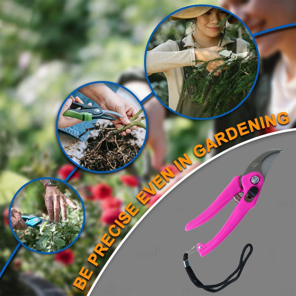 A pink garden pruner with a black wrist strap is shown with three circular insets demonstrating its use in gardening.
