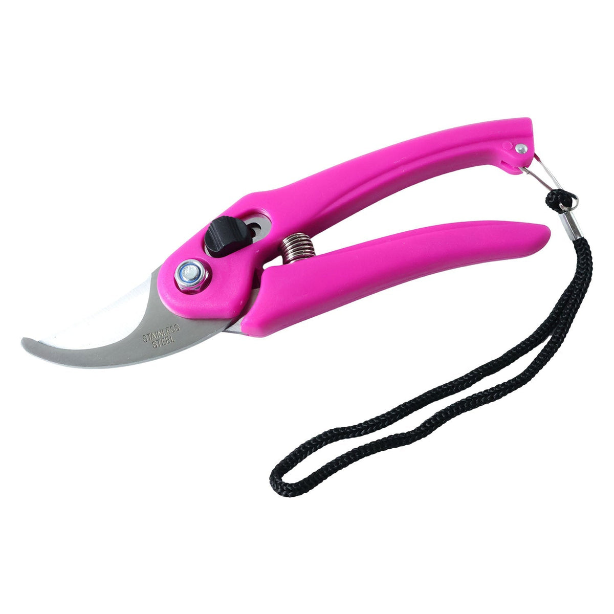 A pink garden pruner with a black wrist strap is shown on a plain white background.