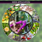 A collage of nine images showing the pink pruning shears in use for various gardening tasks.