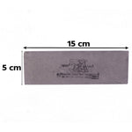Top-down view of a gray rectangular sharpening stone with text and logo, overlaid with 15 cm and 5 cm dimensions.