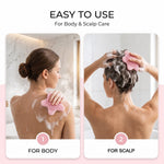 Two panels depict a woman using a pink silicone starfish brush, one on her back for body care and the other on her scalp for