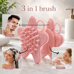Two pink silicone starfish-shaped brushes with different bristle types are shown with three inset photos of people using the