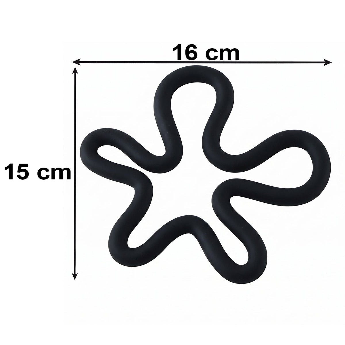A black silicone flower-shaped hot pot holder on a white background with dimensions 16 cm by 15 cm indicated.