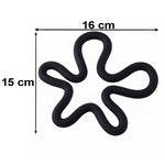 A black silicone flower-shaped hot pot holder on a white background with dimensions 16 cm by 15 cm indicated.