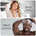 Two panels show a woman massaging her dry scalp with a brush and a man shampooing his wet hair with a brush.