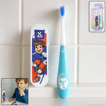Colorful kids toothbrush with cartoon handle and sketchboard toy for fun oral care