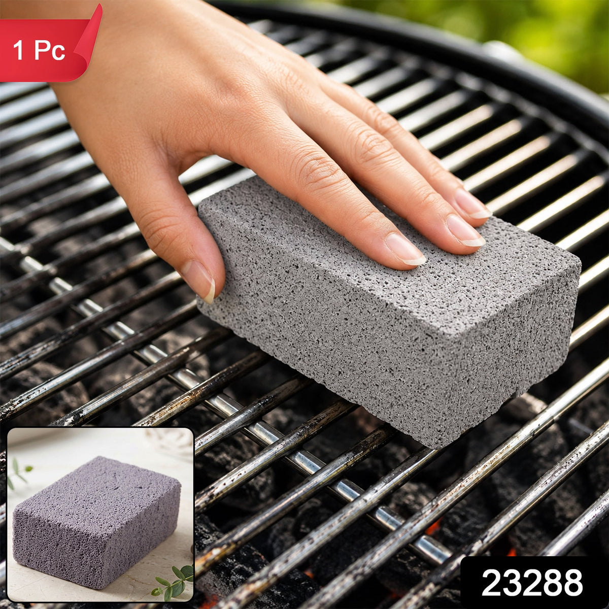 A hand holding a gray cleaning block, scrubbing a dirty metal grill grate, with a small inset showing the block alone.