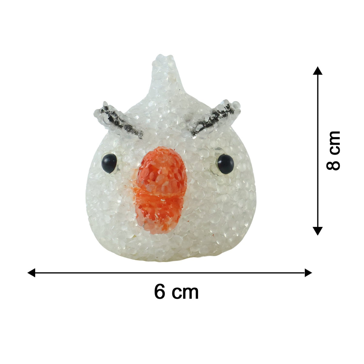A white, unlit chick-shaped lamp with an orange beak and black eyes, showing dimensions of 8 cm height and 6 cm width.