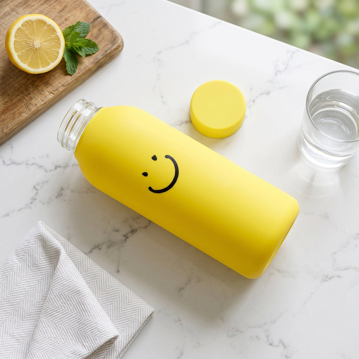 Yellow glass water bottle with a smiley face lying on a marble counter next to a lemon, mint, and a glass of water.