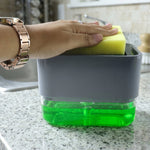 Space-efficient kitchen soap dispenser with sponge storage