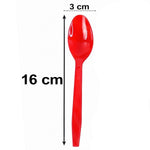 A single red plastic spoon with dimensions of 16 cm length and 3 cm width displayed on white.
