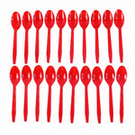Twenty red plastic spoons neatly arranged in two rows on a plain white background.