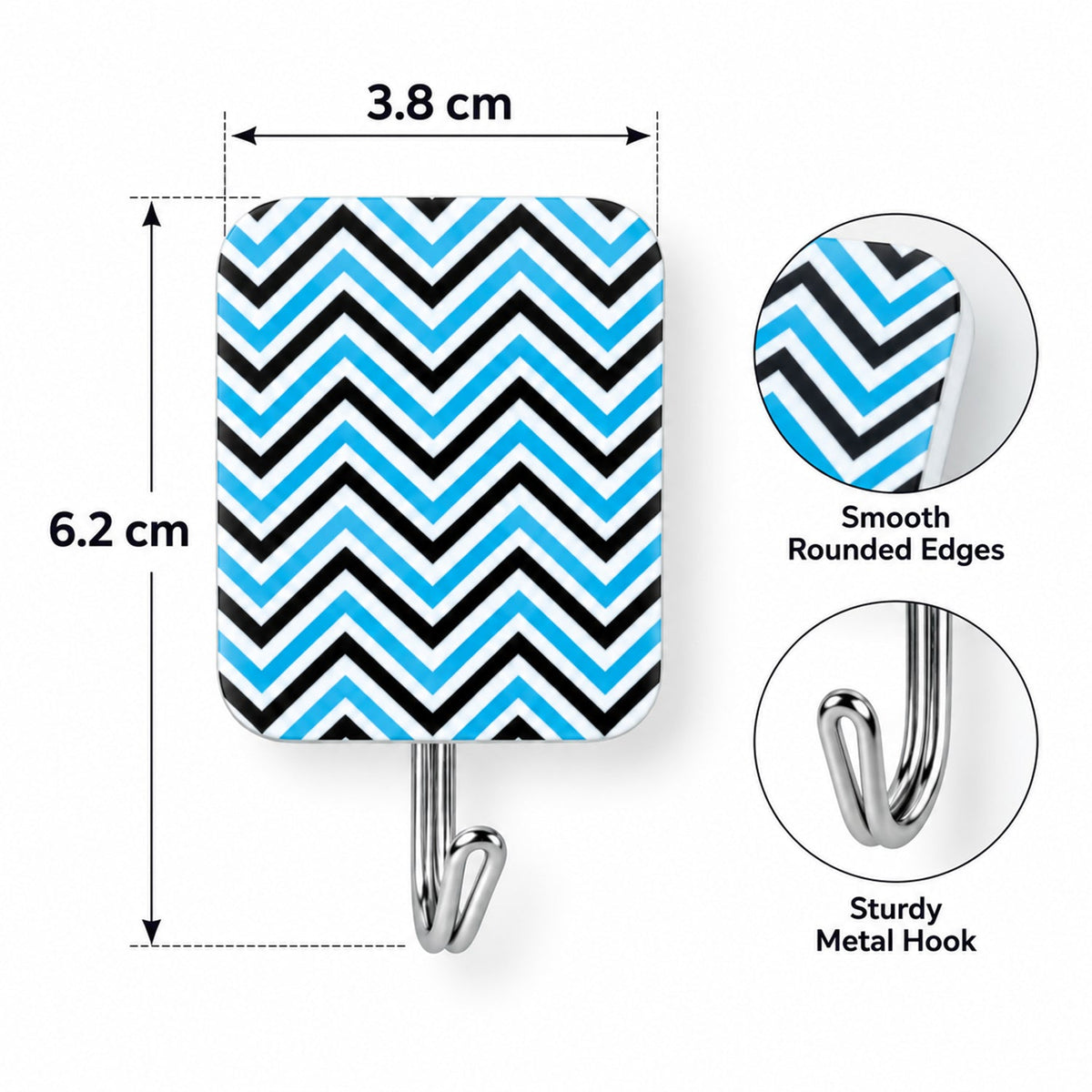 A single rectangular adhesive hook with a blue and black chevron pattern is shown with its dimensions and features.
