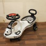 Rear view of baby swing car ride-on toy with stable and smooth wheels