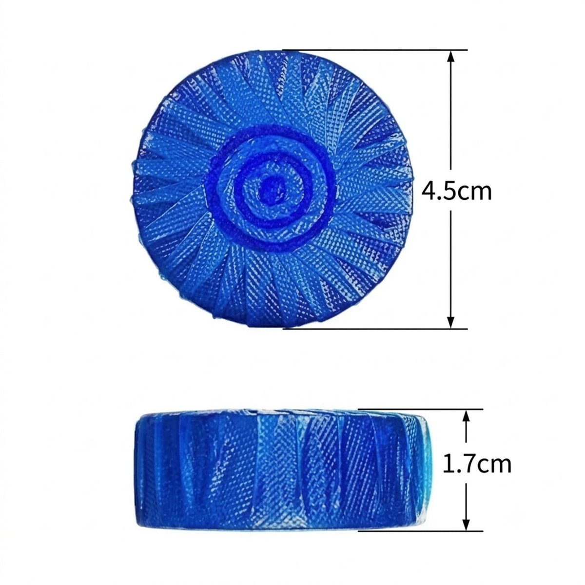 A blue toilet cleaner tablet is shown with its dimensions: 4.5cm diameter and 1.7cm thickness.