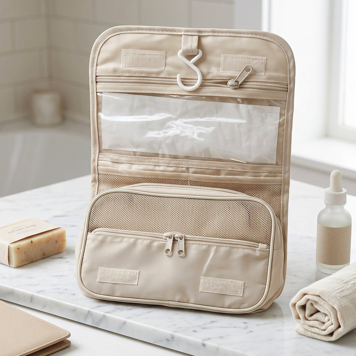 A beige hanging toiletry bag with empty clear and mesh pockets, positioned in a bathroom setting.