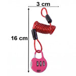 A pink combination lock with a red coiled cable is shown with dimensions of 16 cm length and 3 cm width.