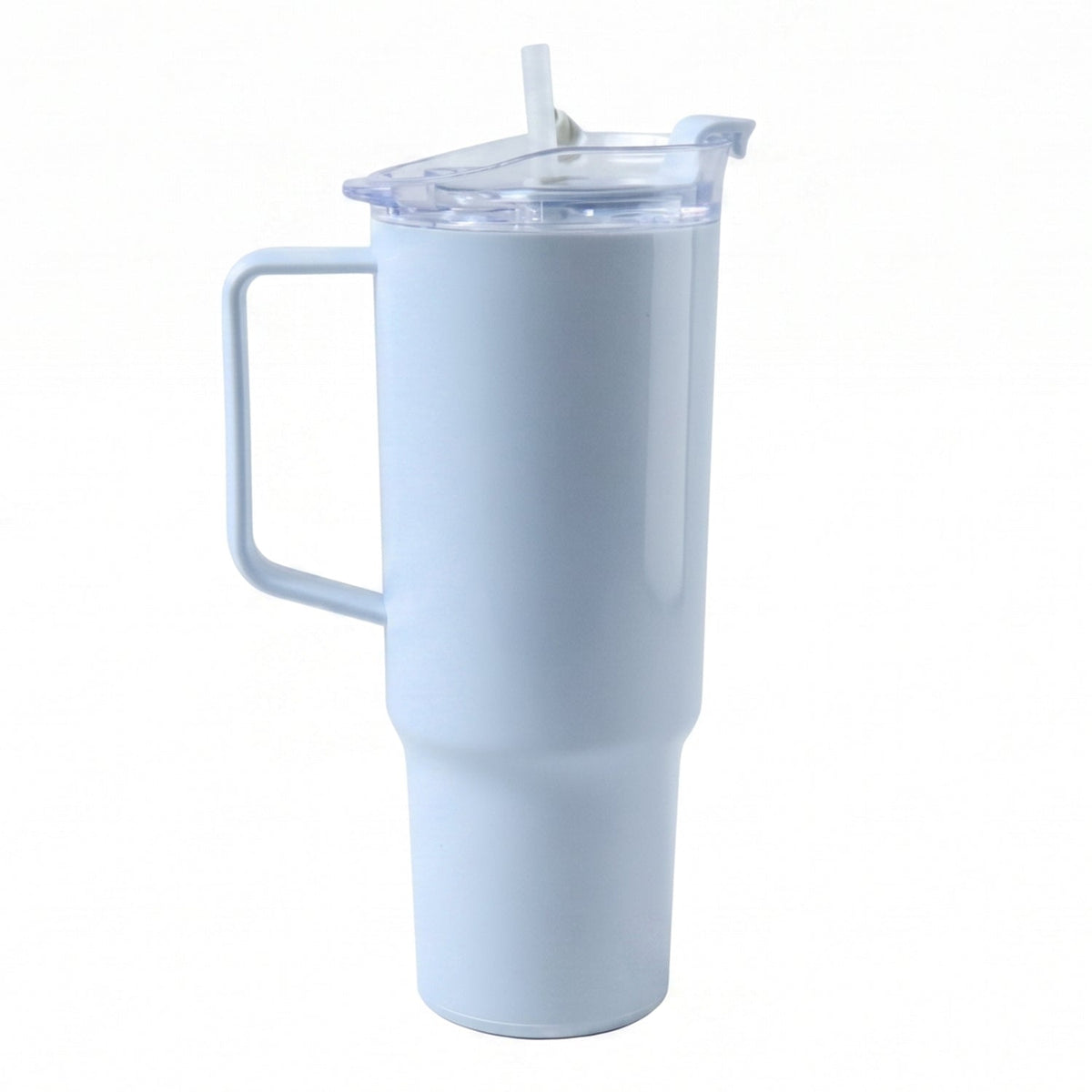 A light blue handled travel tumbler with a clear lid and straw on a white background.