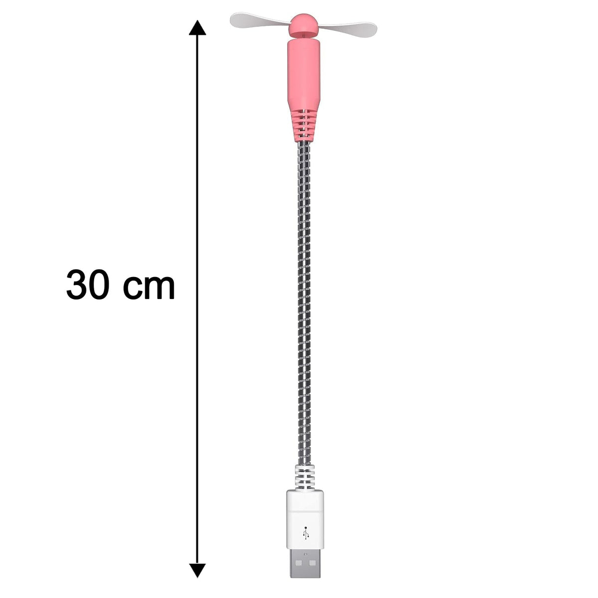 Pink USB mini fan with white blades and a flexible silver gooseneck, with a 30 cm measurement indicated.