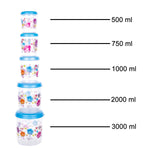 Full set of 5 transparent plastic containers neatly arranged in a modern kitchen.