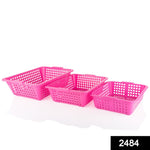 Multiple size plastic fruit baskets, styled to organize fresh produce.