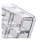 Clear acrylic display stand for cosmetics with 24 compartments, emphasizing its practical use for daily makeup.