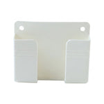 A white plastic wall-mounted phone holder with two compartments and two screw holes, viewed head-on.