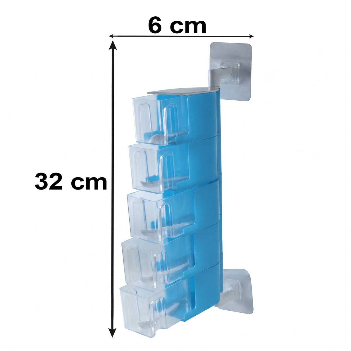 A blue 5-layer rotating spice rack with clear containers, showing dimensions of 32 cm height and 6 cm width.