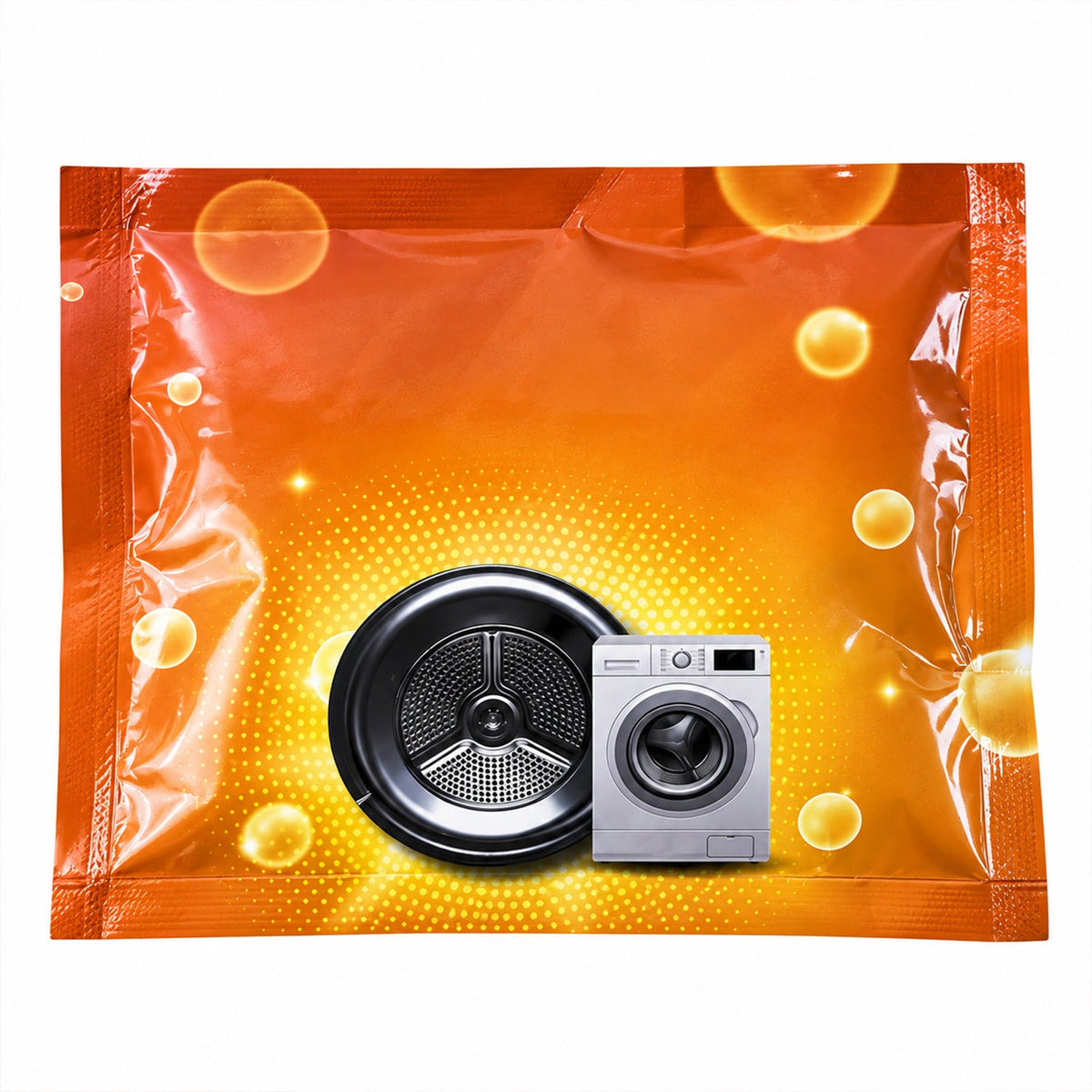 An orange powder sachet with a washing machine drum and miniature washing machine graphic on a white background.